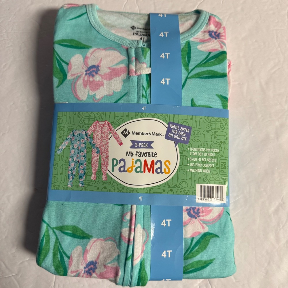 Member's Mark 2-Pack Pajamas 4T Floral Print Zip Front One‎ Piece Sleepwear